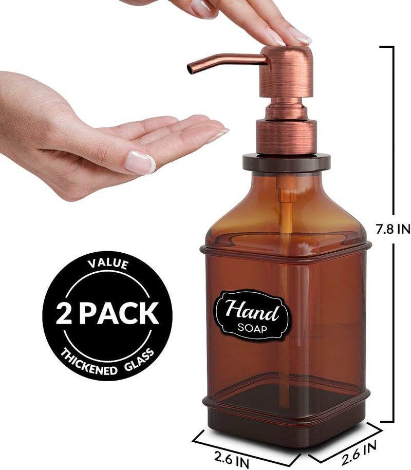 LMQML Soap Dispenser - 2 Pack, Antique Design Thick Amber Glass Hand Soap Dispensers with Sturdy Tray; 304 Rust Proof Stainless Steel Black Pump, 12Pcs Stickers, for Kitchen, Bathroom -Brushed Copper - Image 3